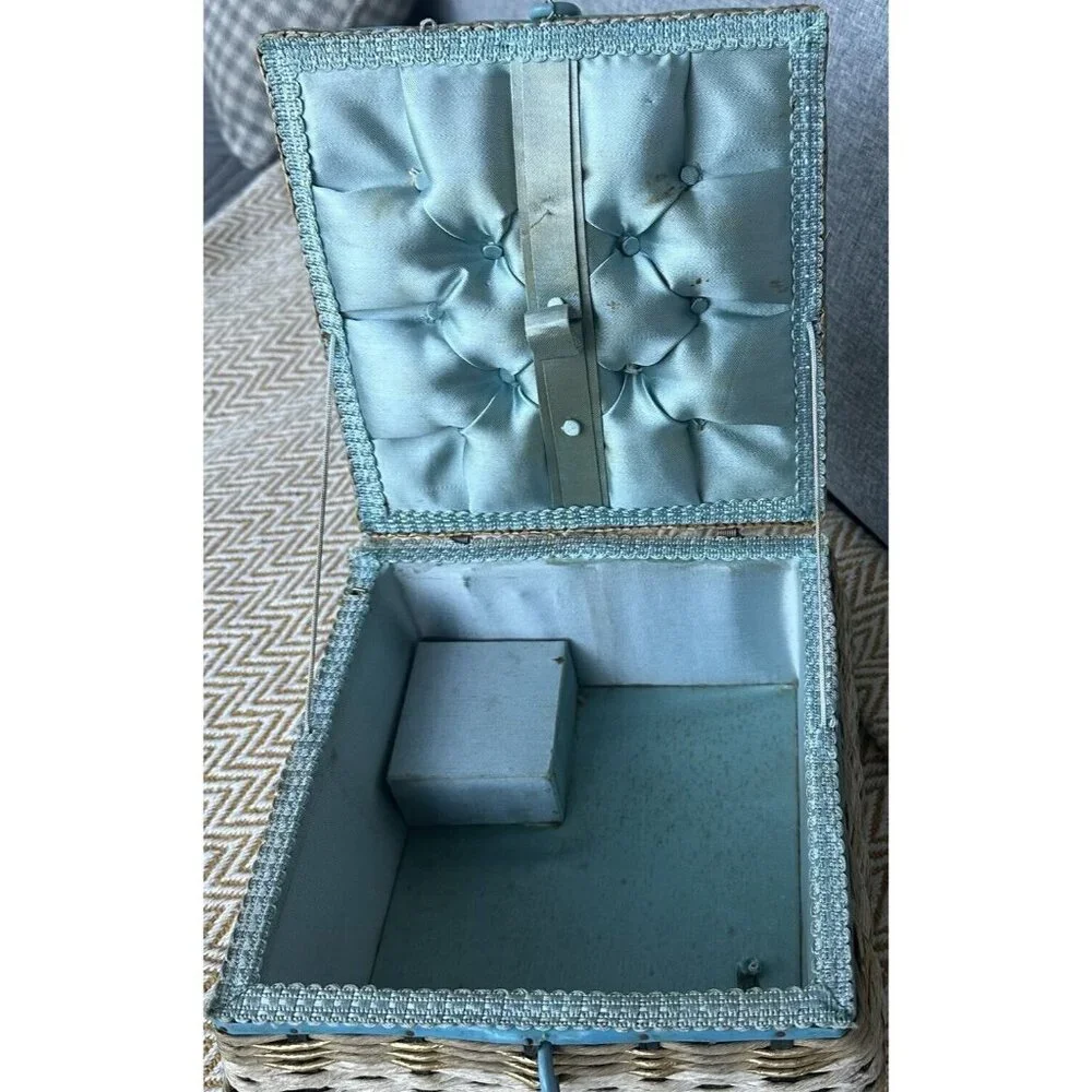 Vintage Sewing Basket Musical 1950's Vintage Wicker Craft Container Blue Gold